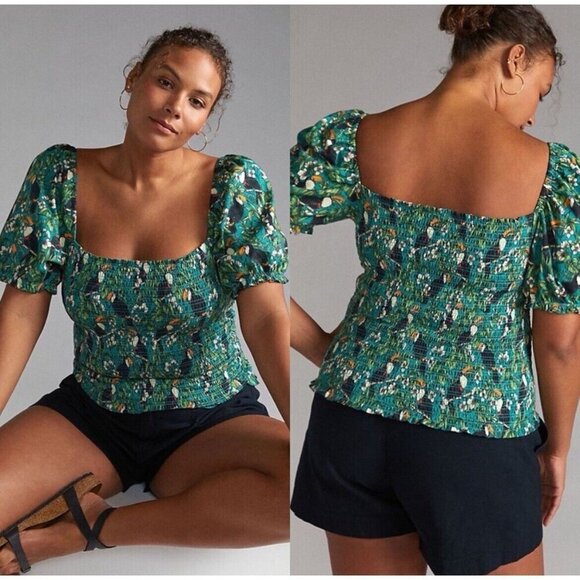 Dolan Womens Top Sz Small Green Toucan Tropical Floral Smocked Puff Sleeve Shirt - Picture 1 of 9